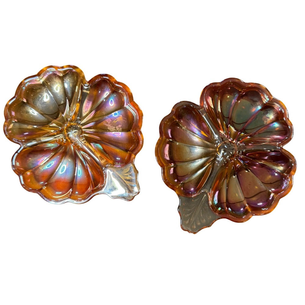 Carnival Glass Flower Candy Nut Trinket Dishes Iridescent Orange Set of 2‎